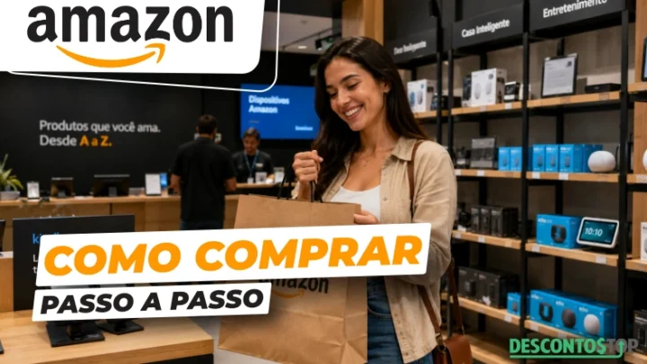 Mulher sorridente segura uma sacola da Amazon dentro de uma loja de eletrônicos. O texto “Como comprar passo a passo” aparece sobreposto à imagem, com “Descontos Top” no canto inferior direito. Produtos da Amazon são exibidos ao fundo.
