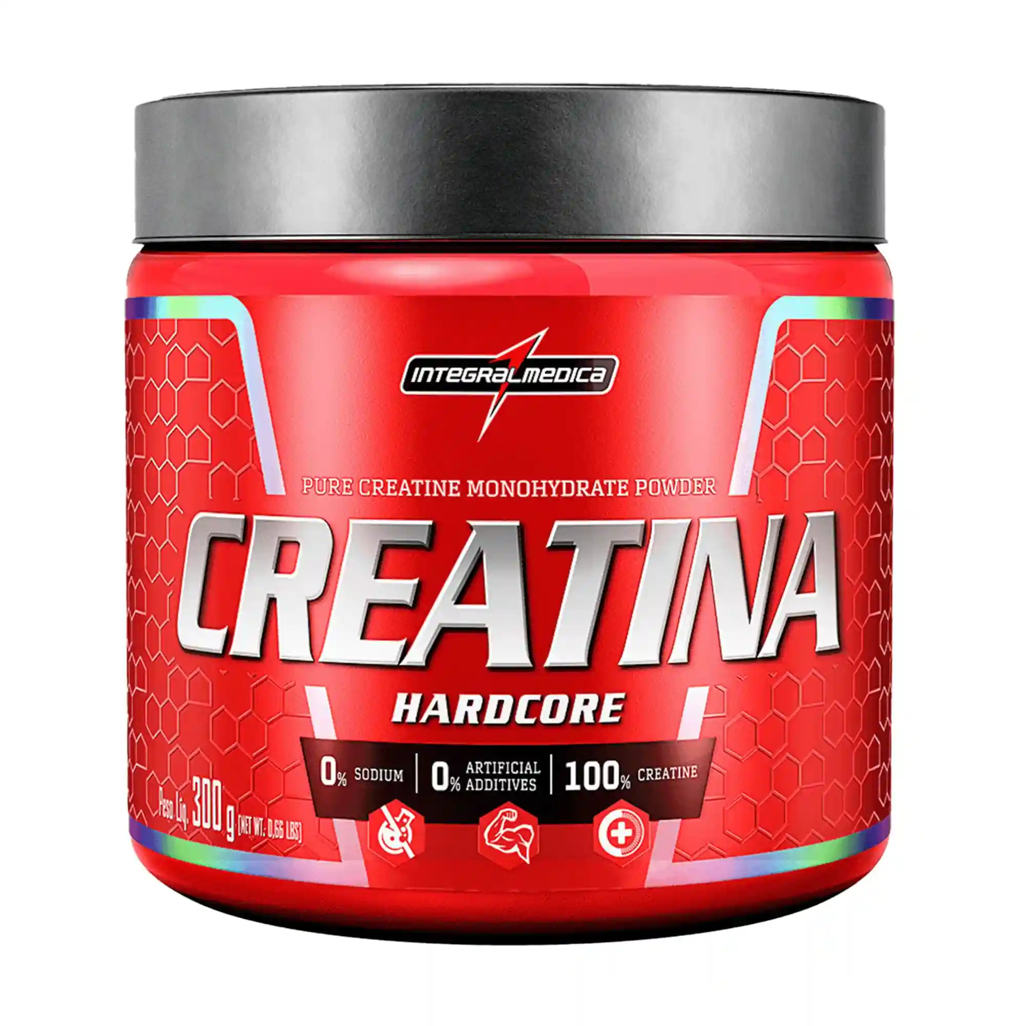 Pote de Creatina Integralmédica Hardcore com uma cor vermelha. Entre os destaques do rótulo estão informações: 0% sódio, 0% aditivos artificiais e 100% creatina. O peso líquido do frasco é de 300g.