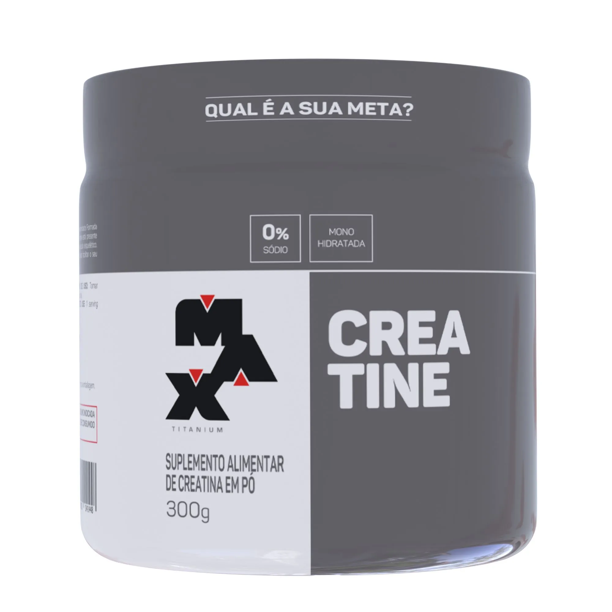 Pote de ccreatina Max Titanium nas cores cinza e branco. O rótulo enfatiza características importantes, como 0% sódio e mono hidratada. O peso total do frasco é de 300g.