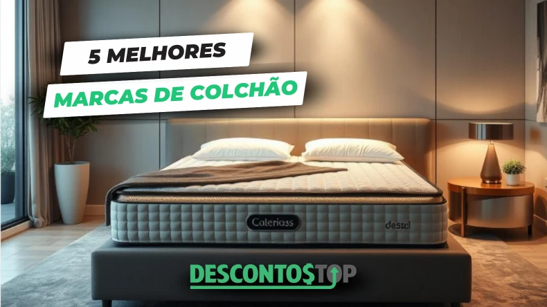 Imagem de um quarto moderno com cama de casal, iluminação aconchegante e colchão premium, destacando o texto "5 melhores marcas de colchão" e a logo do Descontos Top na parte inferior.