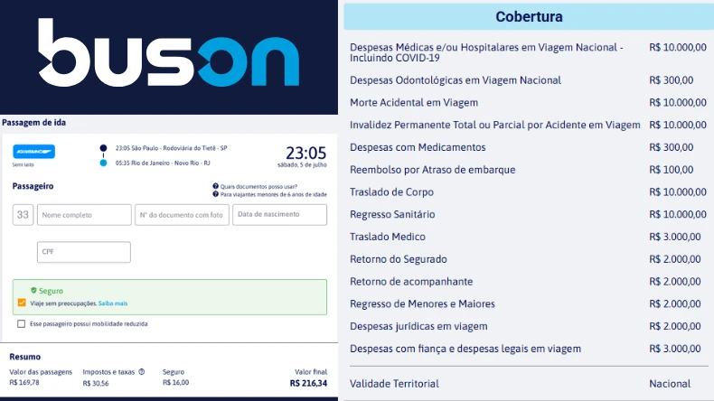 Compra de passagem de ida pela plataforma Buson, com embarque em 5 de julho às 23:05, de São Paulo (Rodoviária Tietê) para o Rio de Janeiro (Novo Rio). O valor final é R$ 216,34, incluindo seguro opcional de R$ 18,90. A imagem também mostra uma tabela com a cobertura do seguro, incluindo assistência médica, jurídica e translado.
