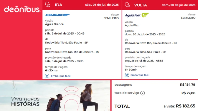 Compra de passagens de ônibus entre São Paulo e Rio de Janeiro pelo site DeÔnibus. Ida em 5 de julho às 00:45 com a viação Águia Branca, e volta em 20 de julho às 23:25 com a Águia Flex. Ambas as viagens são em classe semi-leito. Total a pagar: R$ 182,65.