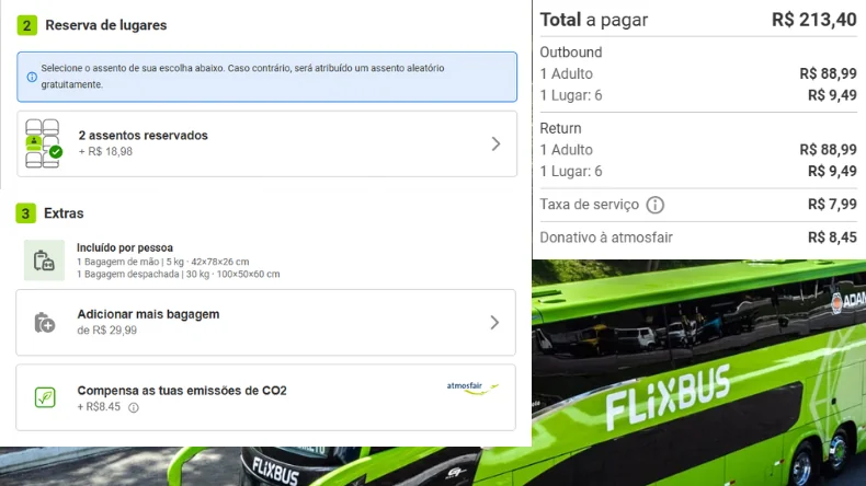 Simulação de viagem com a FlixBus entre São Paulo e Rio de Janeiro. Inclui ida e volta por R$ 88,99 cada trecho, taxa de serviço de R$ 7,99, e opções adicionais como reserva de assento (R$ 18,98), bagagem extra (R$ 29,99) e compensação de CO2 (R$ 8,45). Total a pagar: R$ 213,40.