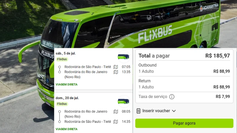 Compra de ida e volta pela FlixBus entre São Paulo (Rodoviária Tietê) e Rio de Janeiro (Novo Rio). Ida em 5 de julho às 07:05 e volta em 20 de julho às 08:05. Ambas as viagens diretas. Valor total com taxa de serviço: R$ 185,97.