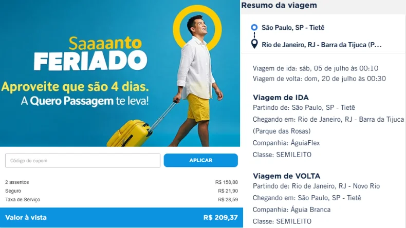 Resumo de viagem pela plataforma Quero Passagem, de São Paulo (Tietê) para Rio de Janeiro (Barra da Tijuca), com ida em 5 de julho à 00:10 e volta em 20 de julho à 00:30. Ida com a ÁguiaFlex e volta com Águia Branca, em ônibus classe semi-leito. Valor total: R$ 209,37, incluindo seguro e taxa de serviço.