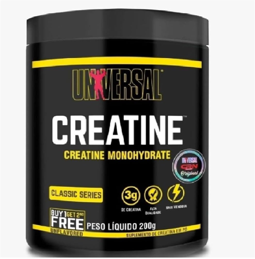 Pote de creatina Universal Nutrition com cores preta e amarela. O rótulo menciona características como 3g de creatina por dose, alta qualidade e mais energia. O peso líquido é de 200g.