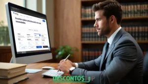 Homem de terno trabalhando em um escritório, concentrado em um computador que exibe os planos de assinatura da plataforma ZapSign. Na tela, aparecem opções de planos gratuito, profissional, equipe e empresarial. Ao fundo, há estante com livros jurídicos, sugerindo um ambiente corporativo ou jurídico. Na mesa, teclado, mouse, bloco de anotações e o logo "DescontosTop" sobreposto na imagem.