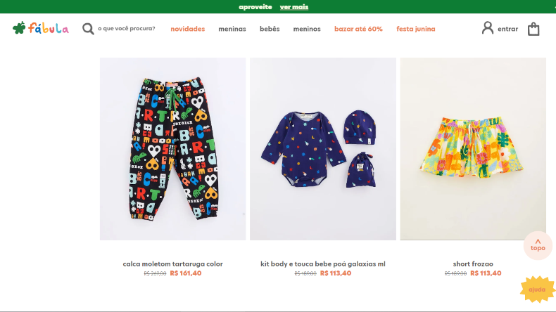 Página para comprar roupas infantis A Fábula, mostrando roupas de bebê e infantis