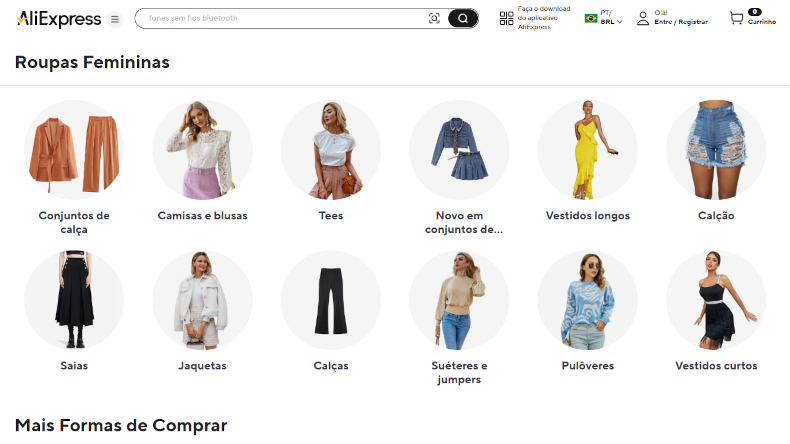 aptura de tela do AliExpress exibindo roupas femininas, com produtos como conjuntos de calça, camisas e blusas.