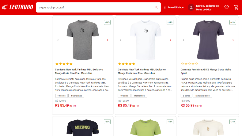 Captura de tela da Centauro exibindo a página para comprar roupas masculinas na seção de outlet.
