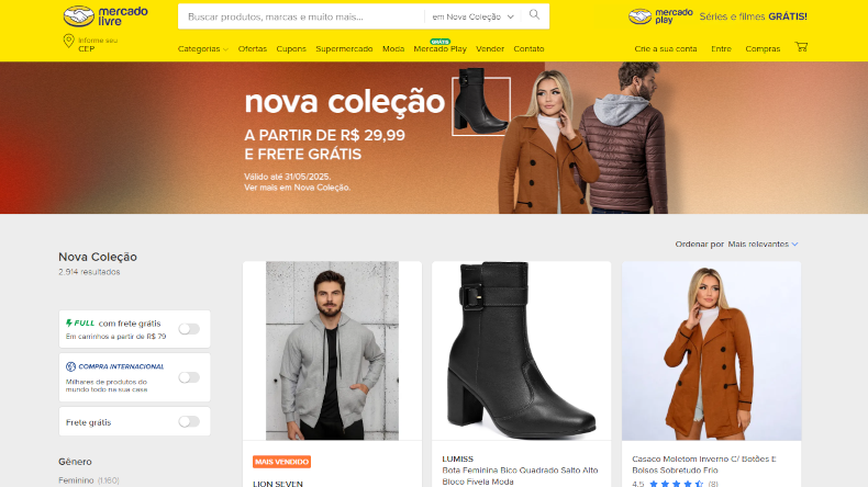 Captura de tela do Mercado Livre exibindo a nova coleção de roupas femininas e masculinas.