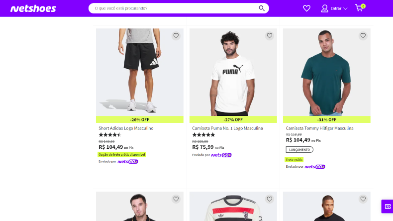Captura de tela do Netshoes exibindo roupas masculinas, com produtos como shorts, camisetas e blusas.