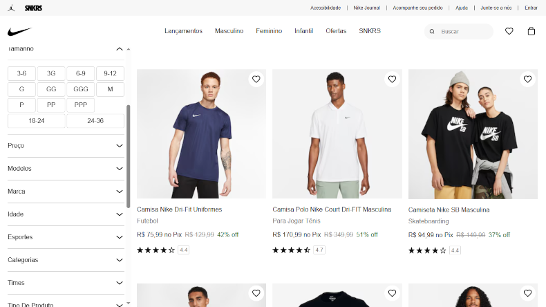 Captura de tela da Nike exibindo camisetas masculinas, com produtos para futebol, tênis e skate. Os preços e promoções aparecem abaixo de cada item.