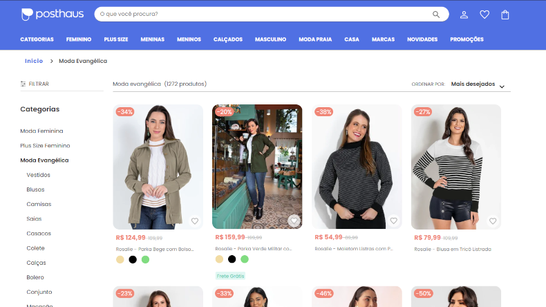 Captura de tela do Posthaus exibindo roupas evangélicas femininas, com produtos como blusas e saias.