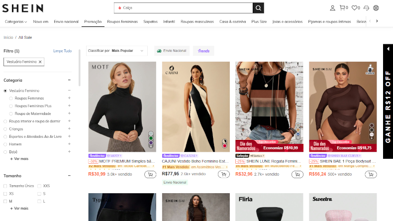 Página para comprar roupas femininas na Shein, exibindo blusas e bodysuits em promoção.