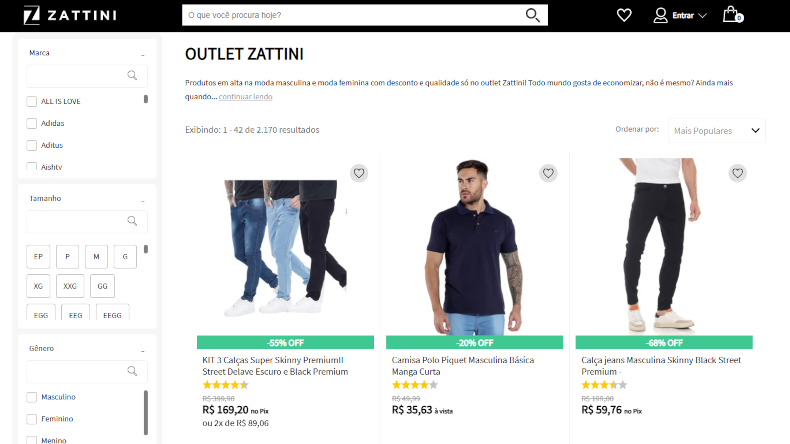 Captura de tela do Zattini exibindo a página para comprar roupas masculinas, com produtos como calças jeans e camisetas.