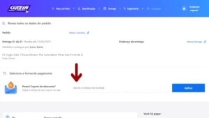 Página de finalização de compra no site da Gazin, mostrando o campo para digitar um cupom de desconto e um botão azul escrito "Aplicar" ao lado
