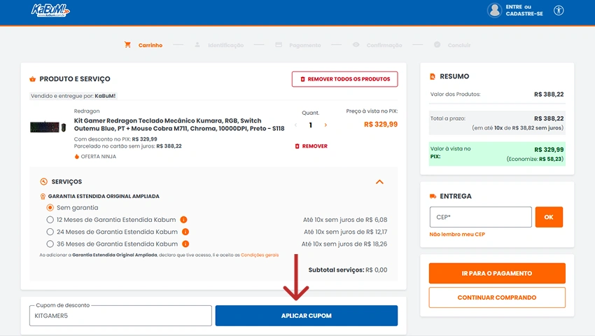 Página de carrinho de compras no KaBuM!, com campo para inserir cupom de desconto e botão azul de “Aplicar Cupom” destacado com uma seta.