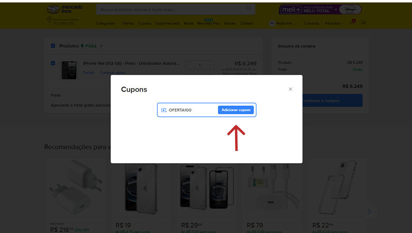 Janela de inserção de cupom no checkout do Mercado Livre, com o código “OFERTA100” digitado e botão azul “Adicionar cupom”.