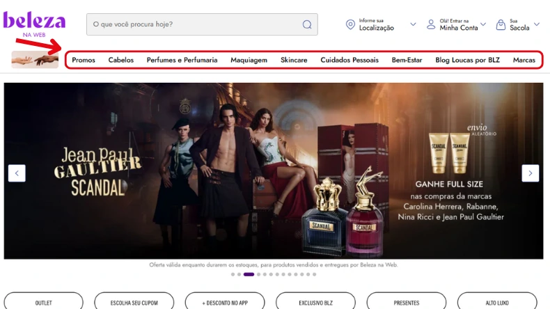 Página mostrando menu superior com categorias como ‘Promos’, ‘Cabelos’, ‘Maquiagem’ e banner promocional de perfumes Jean Paul Gaultier.