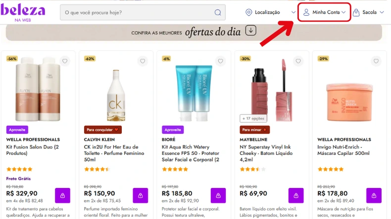 Captura do site destacando a barra superior com o botão ‘Minha Conta’ em evidência e produtos em promoção, como perfumes Calvin Klein e protetores Biore.