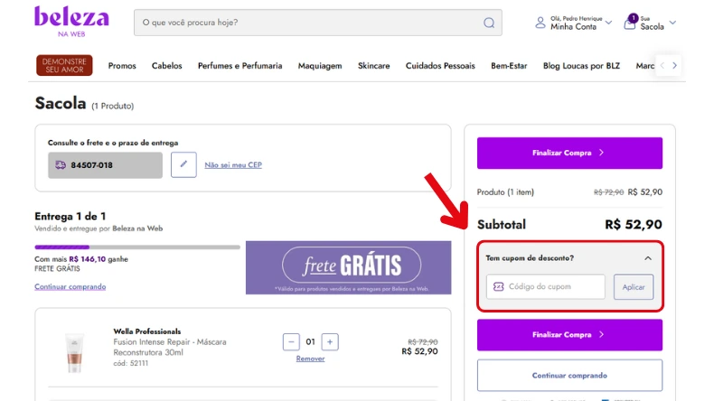 Página de checkout da Beleza na Web mostrando um item no carrinho e campo para inserir código de cupom de desconto antes de finalizar a compra.