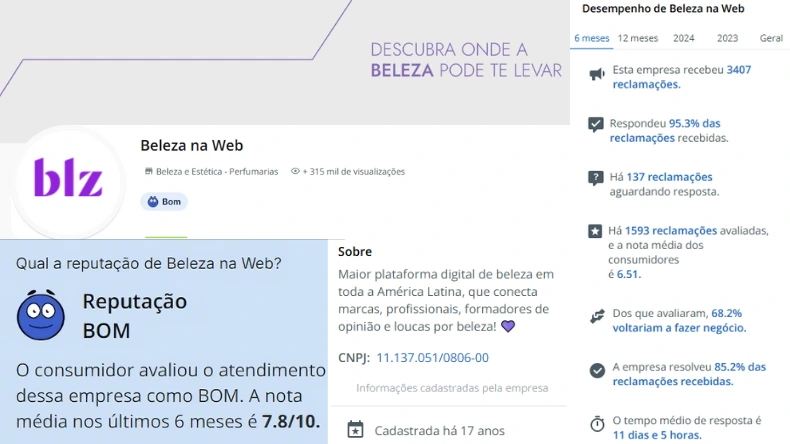 Perfil da Beleza na Web no site Reclame Aqui com reputação avaliada como ‘Bom’, nota média de 7,8 e informações de atendimento, CNPJ e histórico de reclamações.