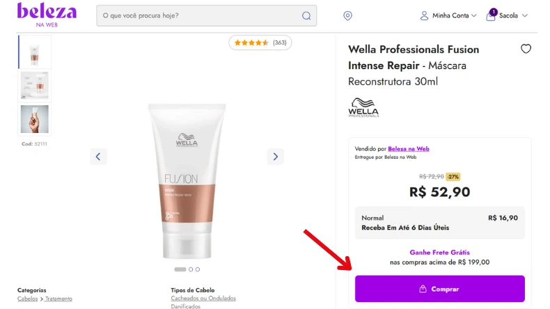 Captura de uma máscara com um seta apontando para o botão "Comprar"
