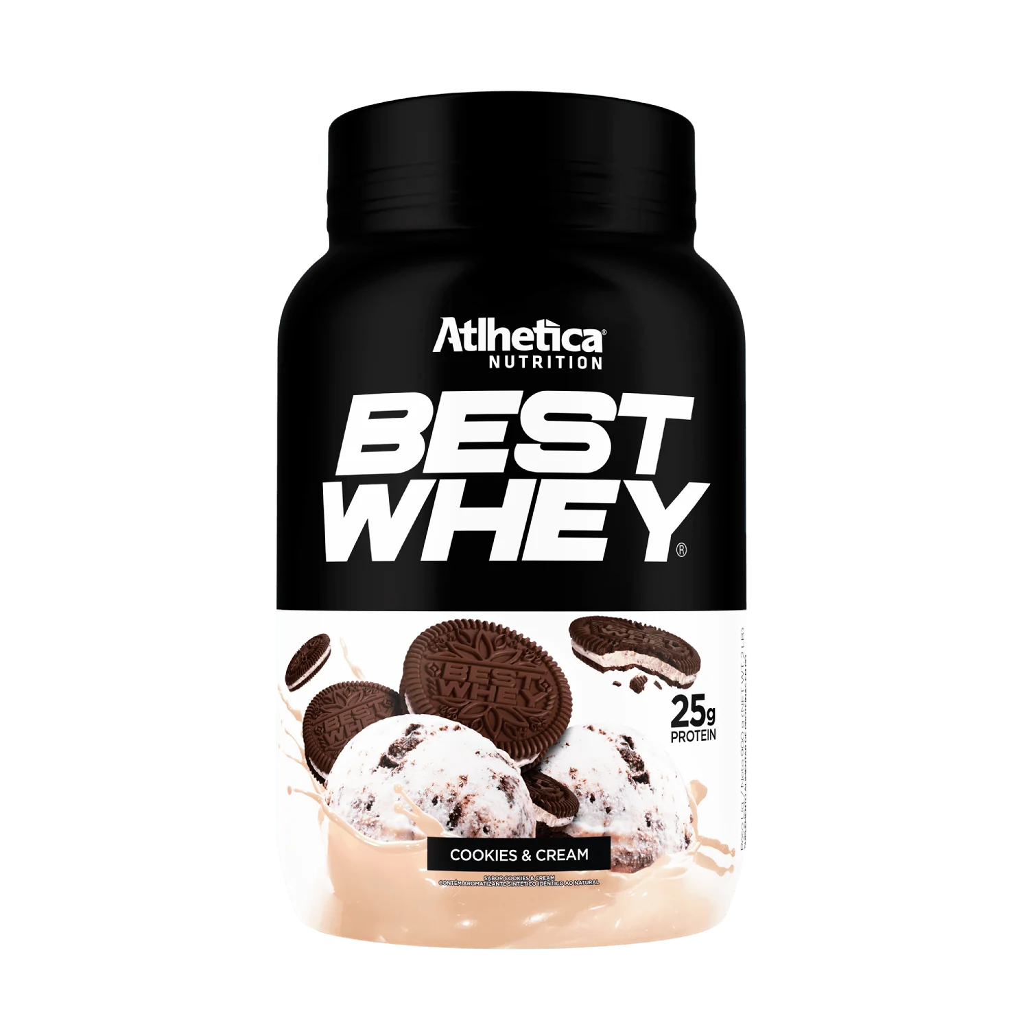 Pote preto de Best Whey da Atlhetica Nutrition, sabor Cookies & Cream, com ilustração de sorvete e biscoitos, indicando 25g de proteína.