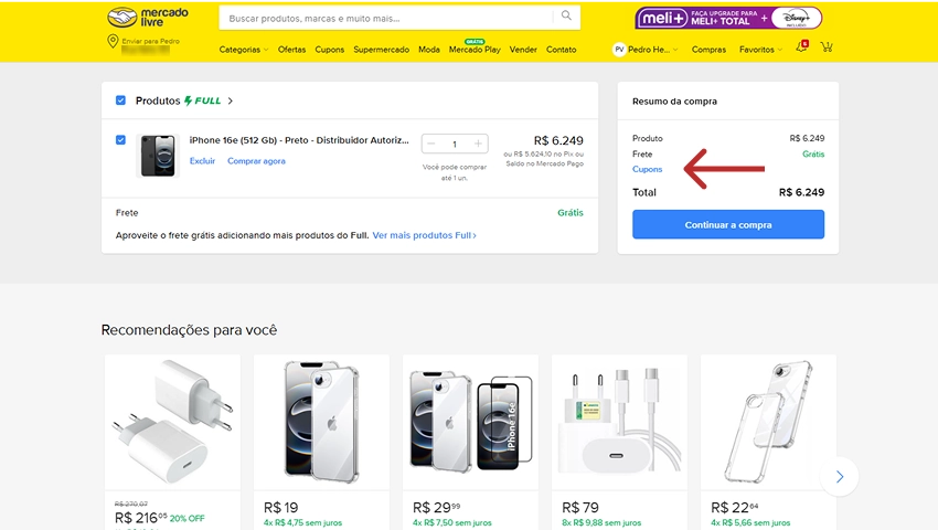 Tela de resumo da compra no Mercado Livre, mostrando o produto adicionado, valor total e área para aplicar cupons.