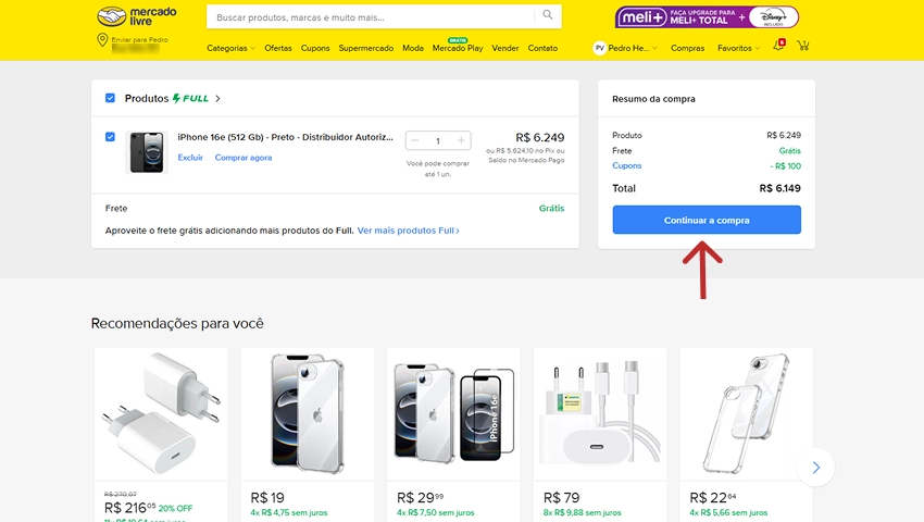 Resumo atualizado da compra no Mercado Livre, exibindo desconto de R$100 aplicado e botão azul “Continuar a compra” em destaque.