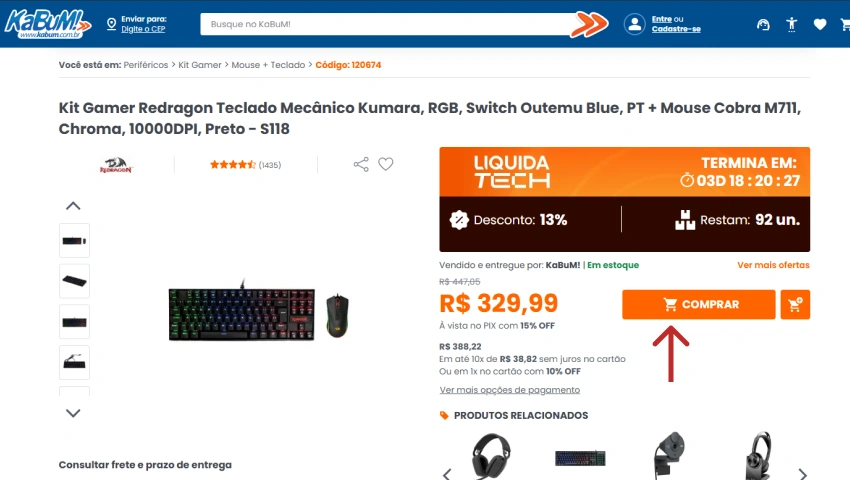 Página de produto no site KaBuM!, exibindo o Kit Gamer Redragon com teclado mecânico RGB e mouse, preço promocional com desconto aplicado e botão laranja de “Comprar”.