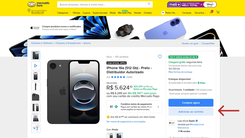 Página de produto no Mercado Livre com iPhone 16e à venda, preço promocional e botão azul “Adicionar ao carrinho” destacado.