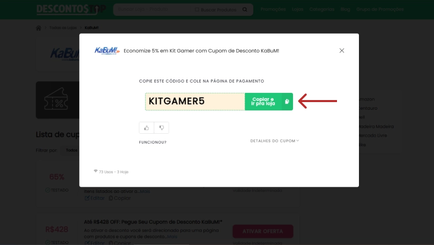 ela de site de cupons exibindo um código de desconto “KITGAMER5” para 5% off em kit gamer no KaBuM!, com botão verde de copiar código e ir para a loja.