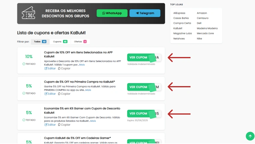 Lista de cupons ativos para o KaBuM! em site de promoções, com destaque para cupons de 10% e 5% de desconto, cada um com botão “Ver Cupom” para copiar e usar.