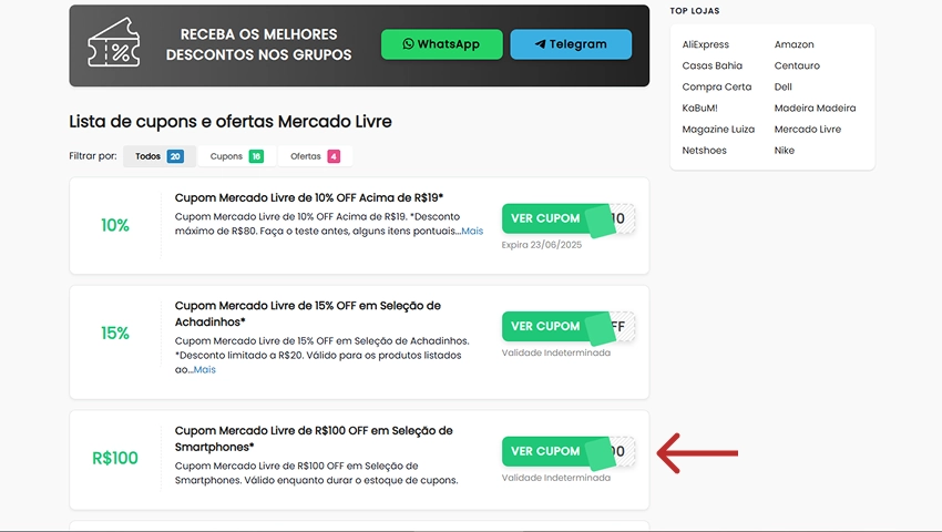 Página de cupons de desconto para o Mercado Livre no site Descontos Top, mostrando lista de cupons ativos e botão verde “Ver Cupom”.