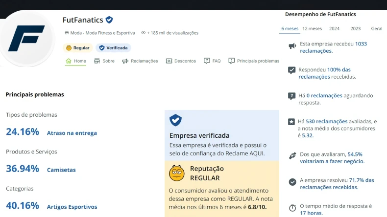 Print da página da loja FutFanatics no Reclame Aqui, exibindo o selo de empresa verificada e reputação REGULAR.