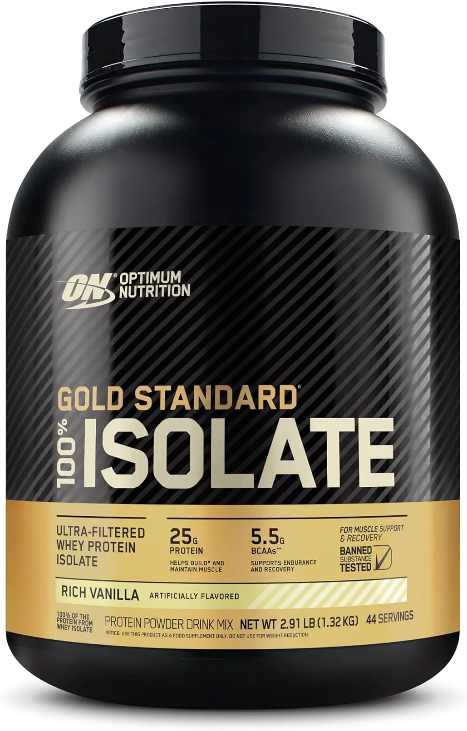 Pote preto e dourado de Gold Standard 100% Isolate da Optimum Nutrition, sabor Rich Vanilla, com 25g de proteína e 5,5g de BCAAs.