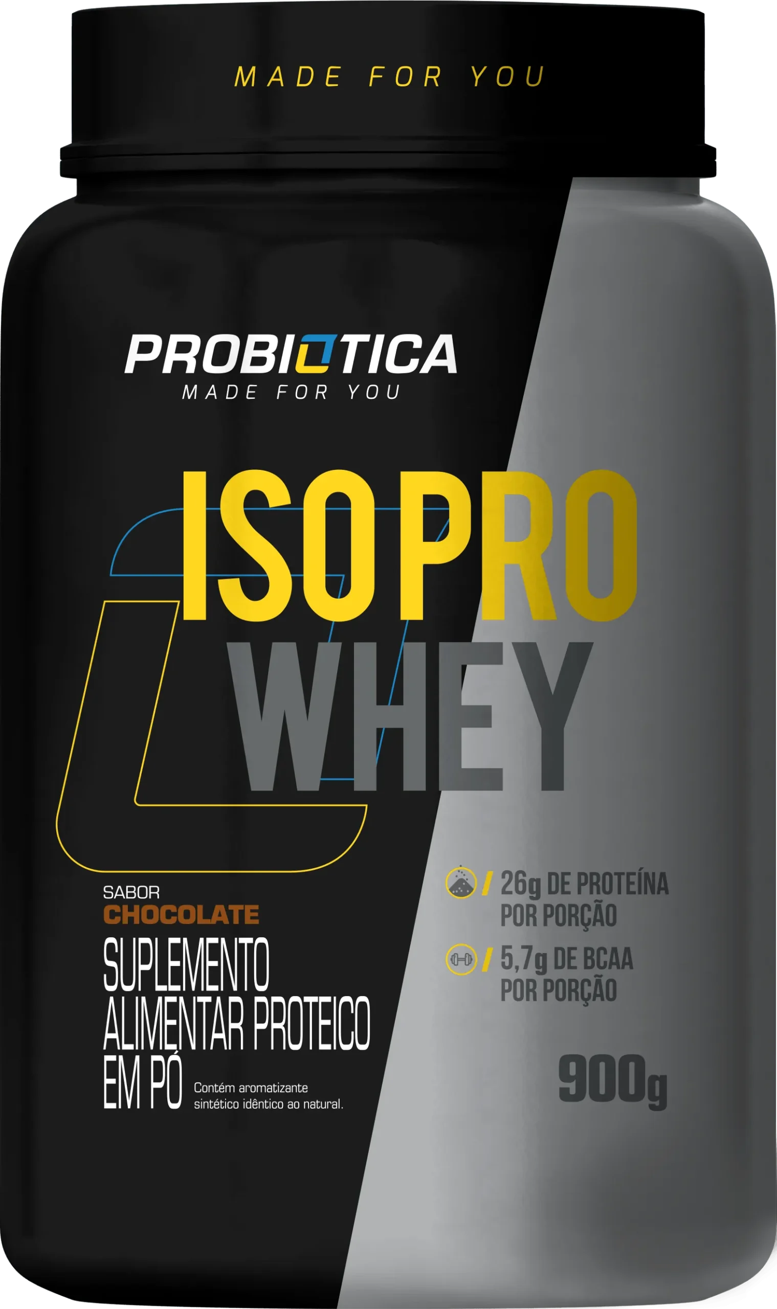 Pote preto e cinza de IsoPro Whey Isolado da Probiótica, sabor chocolate, com 26g de proteína e 5.7g de BCAA por porção, 900g