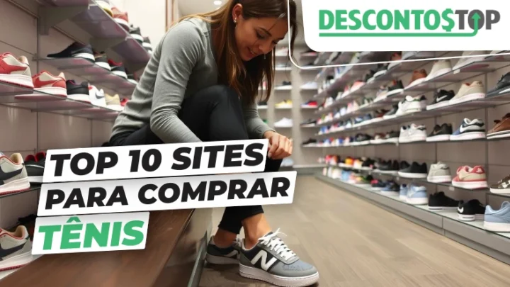 Imagem promocional do site DescontoTop com o texto “Top 10 sites para comprar tênis” sobreposto. Ao fundo, uma mulher experimenta um tênis em uma loja física com prateleiras cheias de calçados esportivos.