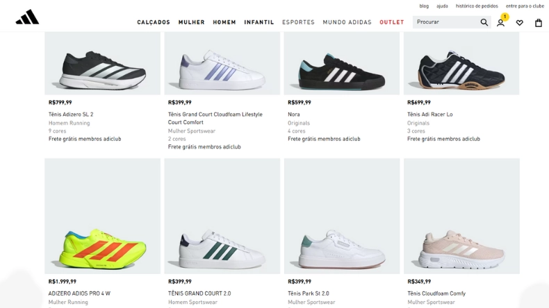 Página da loja online da Adidas mostrando diferentes modelos de tênis esportivos masculinos e femininos, com destaque para opções de corrida, casual e lifestyle, além dos preços.