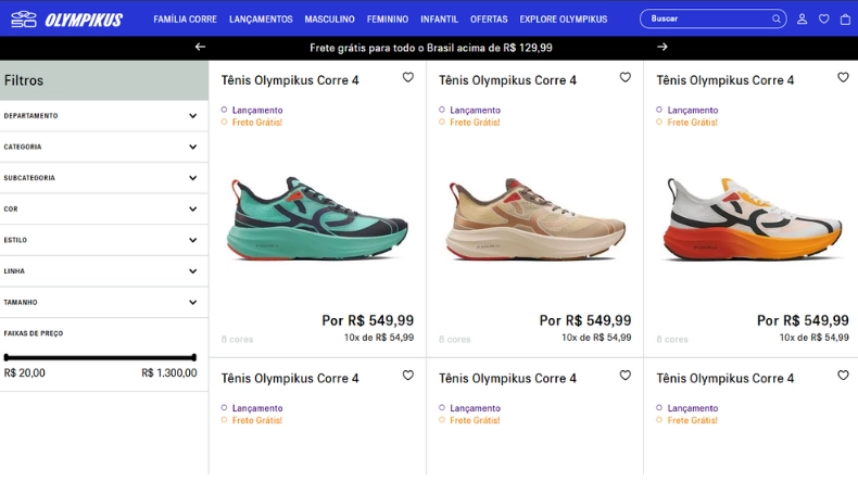 Página de tênis no site da Olympikus, exibindo o tênis de corrida Olympikus Corre 4 em várias cores, com preço promocional e frete grátis.