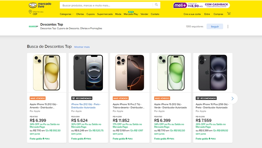 Página do Descontos Top no Mercado Livre, com oferta de vários modelos de iPhone e preços promocionais.