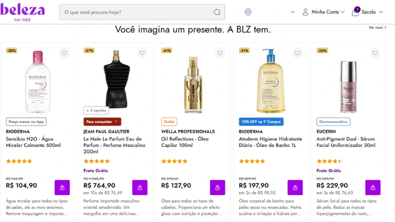 Captura da página inicial da Beleza na Web exibindo produtos como Bioderma, Jean Paul Gaultier e Wella Professionals com descontos, preços e opção de frete grátis.