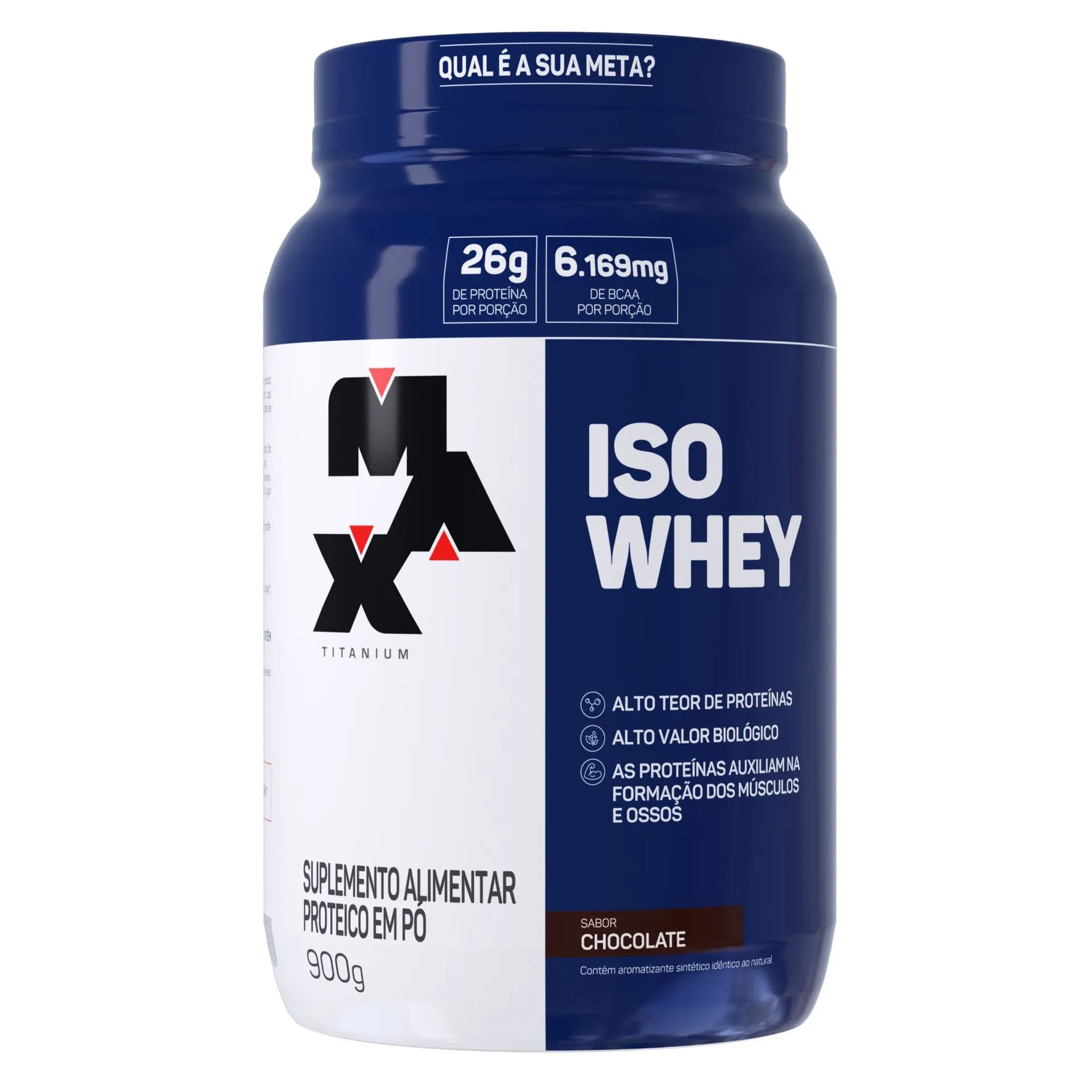 Pote azul e branco de Iso Whey da Max Titanium, sabor chocolate, com 26g de proteína e 6,169mg de BCAA por porção, 900g.