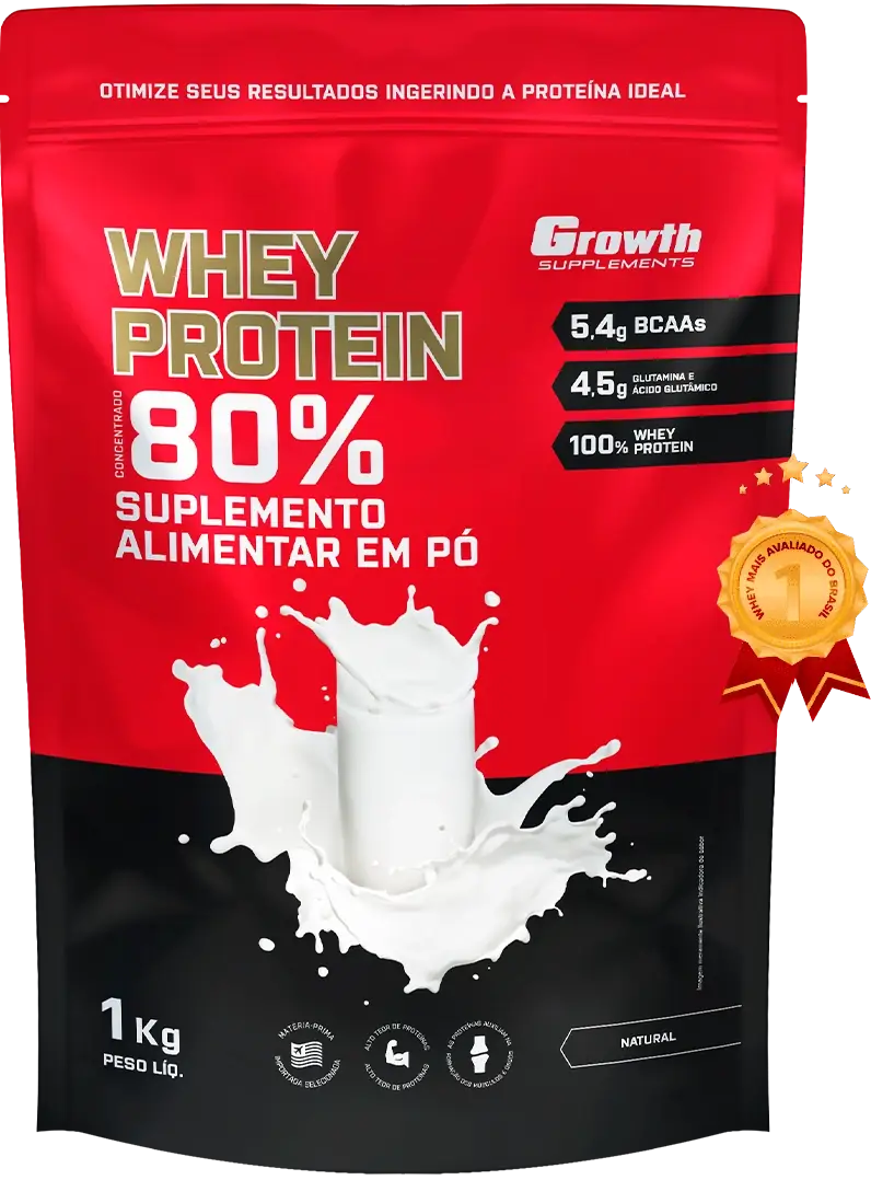 Embalagem tipo pouch vermelha e branca de Whey Protein Concentrado 80% da Growth Supplements, sabor natural, com ilustração de um splash de leite, 1kg.