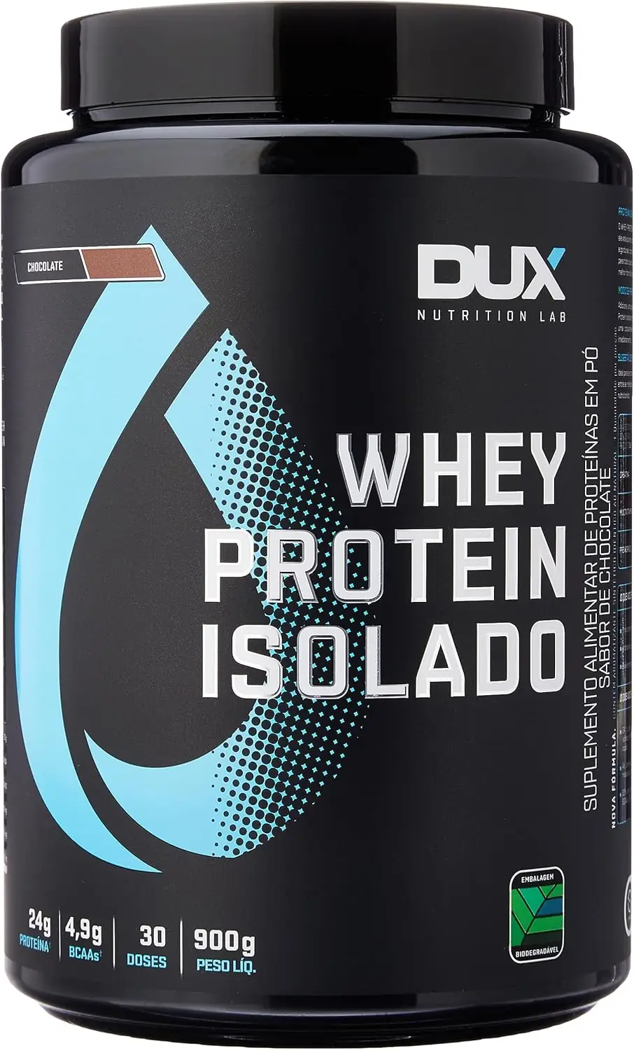 Pote preto de Whey Protein Isolado da Dux Nutrition Lab, sabor chocolate, com um gráfico azul, indicando 24g de proteína e 4.9g de BCAAs.
