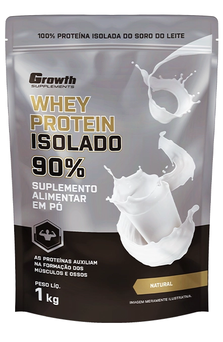 Embalagem tipo pouch cinza e branca de Whey Protein Isolado 90% da Growth Supplements, sabor natural, com ilustração de um splash de leite, 1kg.