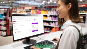 Uma mulher em uma loja de produtos de beleza, sentada em frente de um monitor de computador mostrando a imagem do carrinho de compras da loja online. A mulher tem uma expressão feliz enquanto olha para a tela.