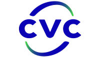 Logo CVC nas cores azul e verde.